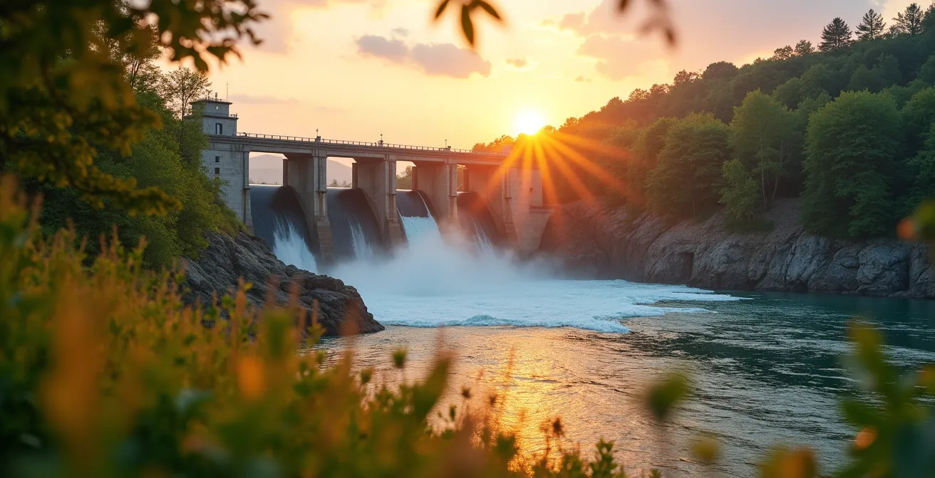 Vue panoramique d’une centrale hydroélectrique en pleine nature, lever de soleil, lumière douce naturelle