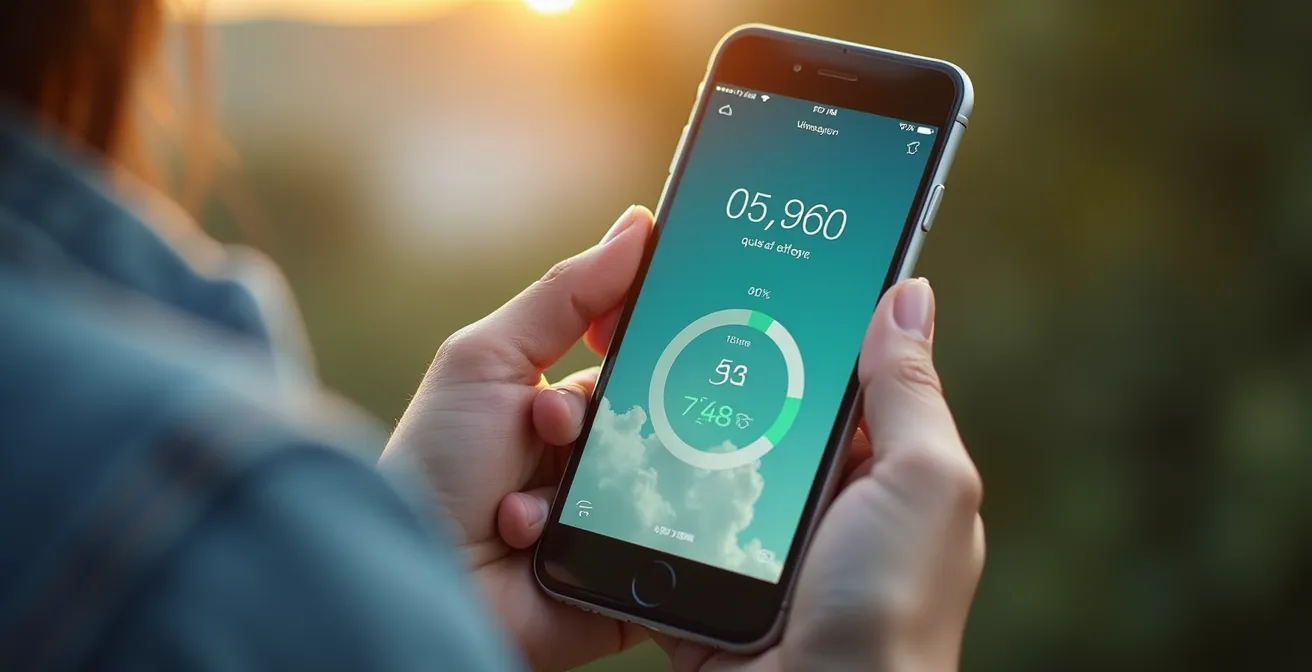 Gros plan sur une main tenant un smartphone avec écran d’application de suivi de consommation énergétique, lumière naturelle douce