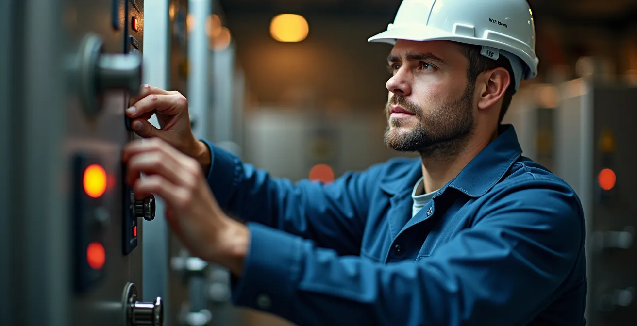 Technicien professionnel effectuant la maintenance d'une chaudière gaz industrielle
