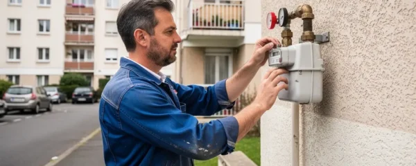 Technicien inspectant compteur gaz extérieur immeuble copropriété chauffage collectif