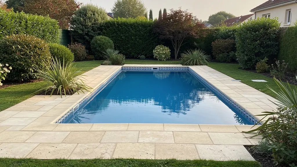 Terrasse en pierre naturelle intacte autour d'une piscine après intervention de chemisage